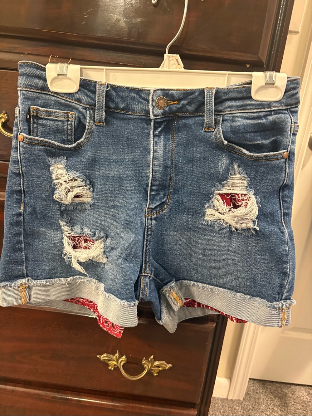 Judy Blue Blue Denim Shorts with Red Bandana Accents